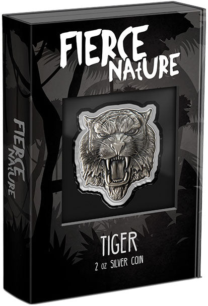 Niue 2022 $5 Fierce of Nature Tiger Shaped 2oz Silver Antiqued Coin