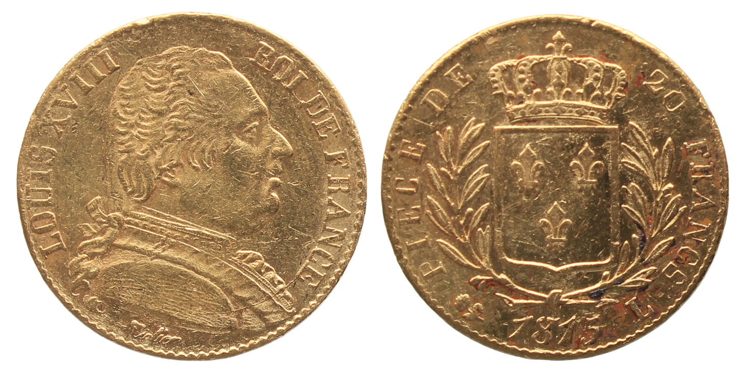 France, 1815L Louis XVIII Twenty Francs, Fine