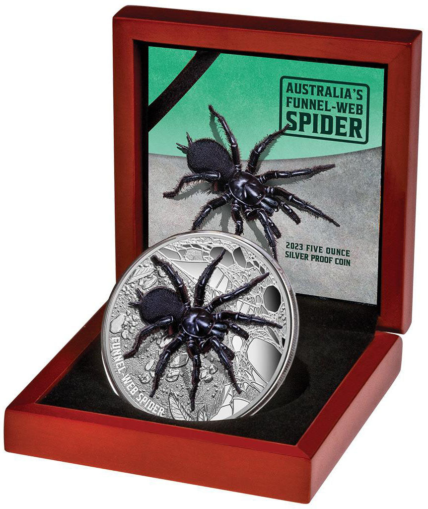 Niue 2023 $10 Australia’s Funnel Web Spider 5oz Silver Coloured High Relief Proof Coin