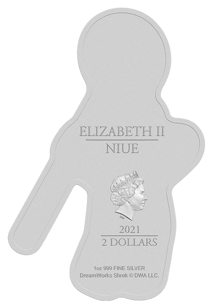 Niue 2021 $2 Shrek 20th Anniversary Gingy 1oz Silver Coloured Shaped Proof Coin