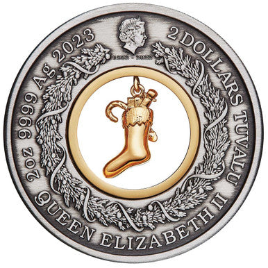 Tuvalu 2023 $2 The Night Before Christmas with Gold Plated Stocking Charm 2oz Silver Antiqued Coin