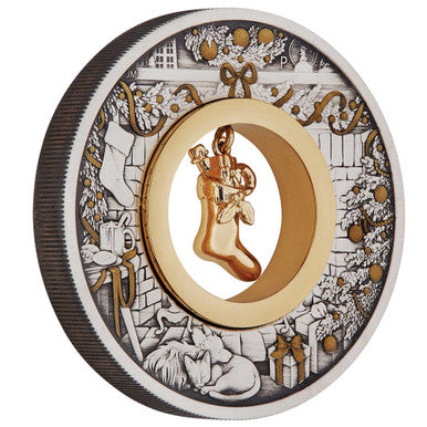 Tuvalu 2023 $2 The Night Before Christmas with Gold Plated Stocking Charm 2oz Silver Antiqued Coin
