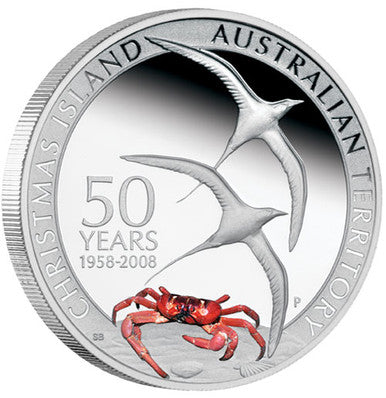2008 $1 Australian Territory 50th Anniversary Christmas Island 1oz Silver Coloured Proof Coin