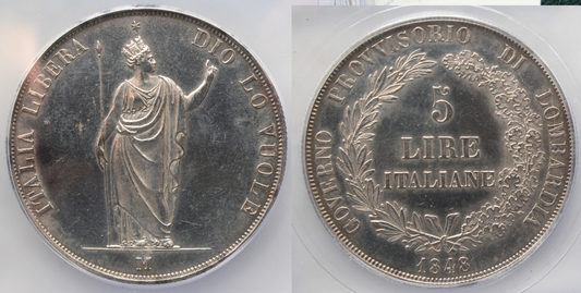 Italy - Kingdom of Lombardy, 1848M Five Lire
