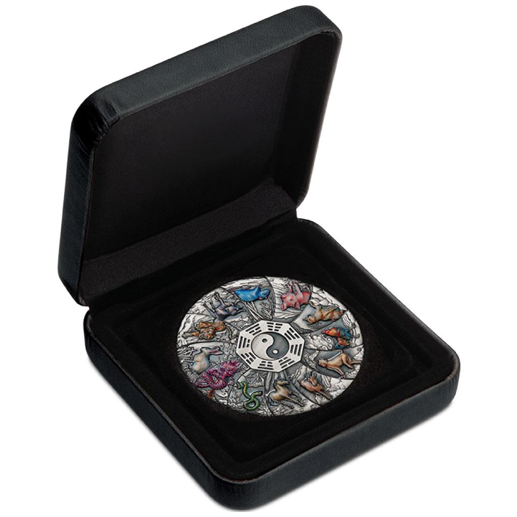 Tuvalu 2023 $5 12 Lunar Animals 5oz Silver Coloured Antiqued Coin