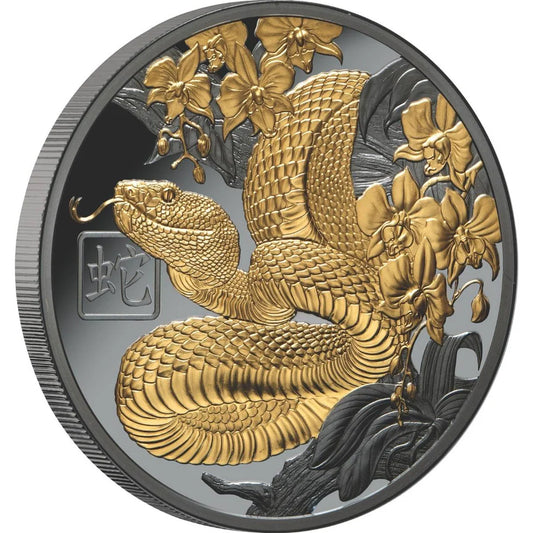 Niue 2025 $1 Lunar Snake Selectively Gold Plated 1oz Silver Black Proof Coin