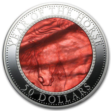 Cook Islands 2014 $50 Year of The Horse 5oz Silver with Mother of Pearl Proof Coin