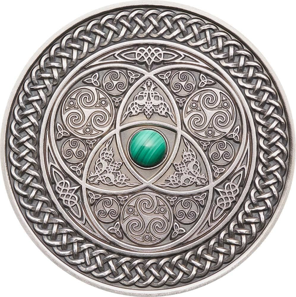Fiji 2016 $10 Mandala Art Celtic With Malachite Stone 3oz Silver Antiqued Coin