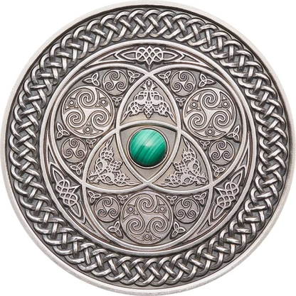 Fiji 2016 $10 Mandala Art Celtic With Malachite Stone 3oz Silver Antiqued Coin