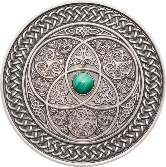 Fiji 2016 $10 Mandala Art Celtic With Malachite Stone 3oz Silver Antiqued Coin