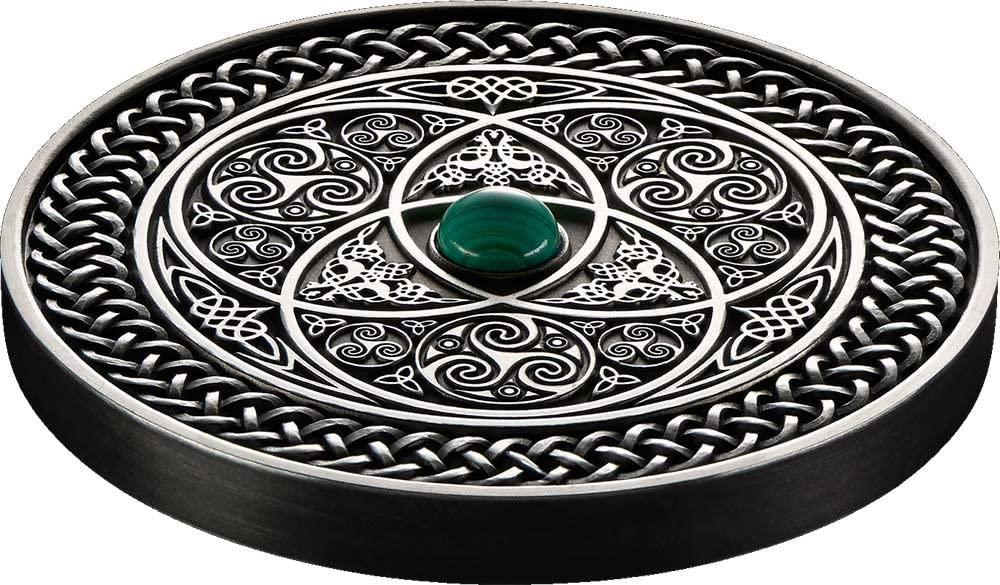 Fiji 2016 $10 Mandala Art Celtic With Malachite Stone 3oz Silver Antiqued Coin