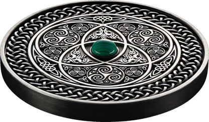 Fiji 2016 $10 Mandala Art Celtic With Malachite Stone 3oz Silver Antiqued Coin