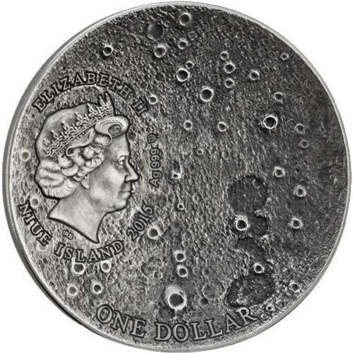 Niue 2015 $1 Solar System Moon NWA 8609 Meteorite 1oz Silver Antiqued Coin