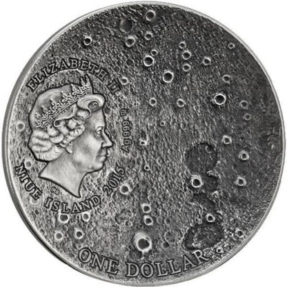 Niue 2015 $1 Solar System Moon NWA 8609 Meteorite 1oz Silver Antiqued Coin