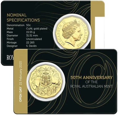2015 50c Open Day 50th Anniversary of The Royal Australian Mint Gold Plated Uncirculated Coin