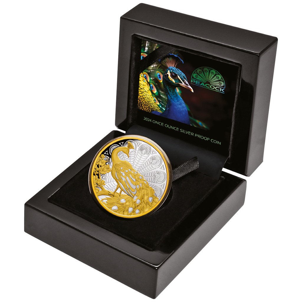 Niue 2024 $1 Peacock Selectively Gold Plated 1oz Silver Proof Coin