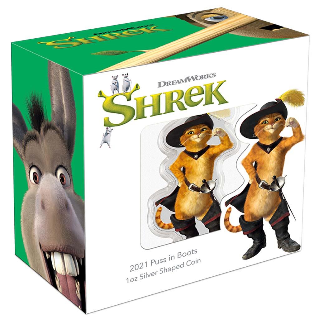Niue 2021 $2 Shrek 20th Anniversary Puss In Boots 1oz Silver Coloured Shaped Proof Coin