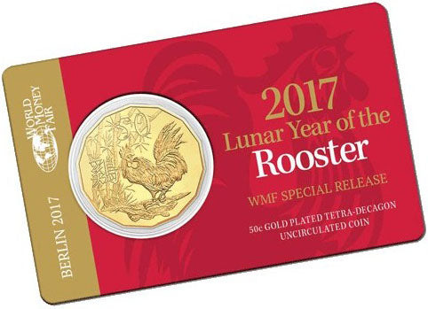 2017 50c WMF Berlin Lunar Year of The Rooster Gold Plated Uncirculated Coin