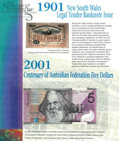 2001 $5 ANDA Show Centenary of Federation Commemorative 6 Note and Folder Set