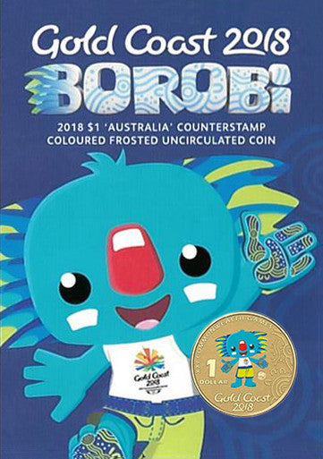 2018 $1 Gold Coast Commonwealth Games Borobi 'Australia' Counterstamp Coloured Uncirculated Coin