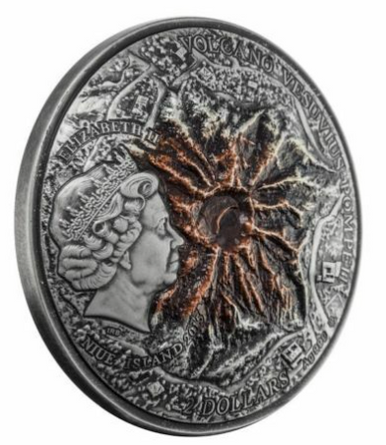 Niue 2015 $2 Volcano Vesuvius Pompeii with Lava Inset 2oz Silver Antiqued Coin