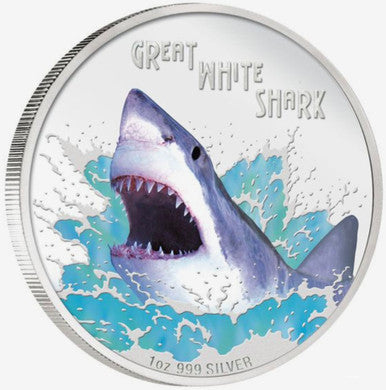 Tuvalu 2007 $1 Deadly and Dangerous Great White Shark 1oz Silver Coloured Proof Coin