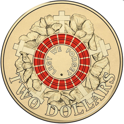 2015 $2 Lest We Forget Coloured Al-Bronze Uncirculated Coin