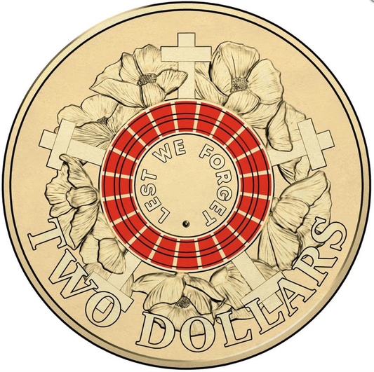 2015 $2 Lest We Forget Coloured Al-Bronze Uncirculated Coin