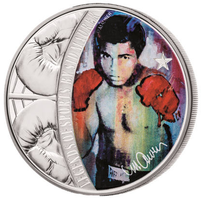 Solomon Islands 2018 $5 Legends of Sports by Sidney Maurer Muhammad Ali 1oz Silver Coloured Proof Coin