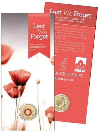 2015 $2 Lest We Forget 'Poppy' Counterstamp Coloured Circulating Coin