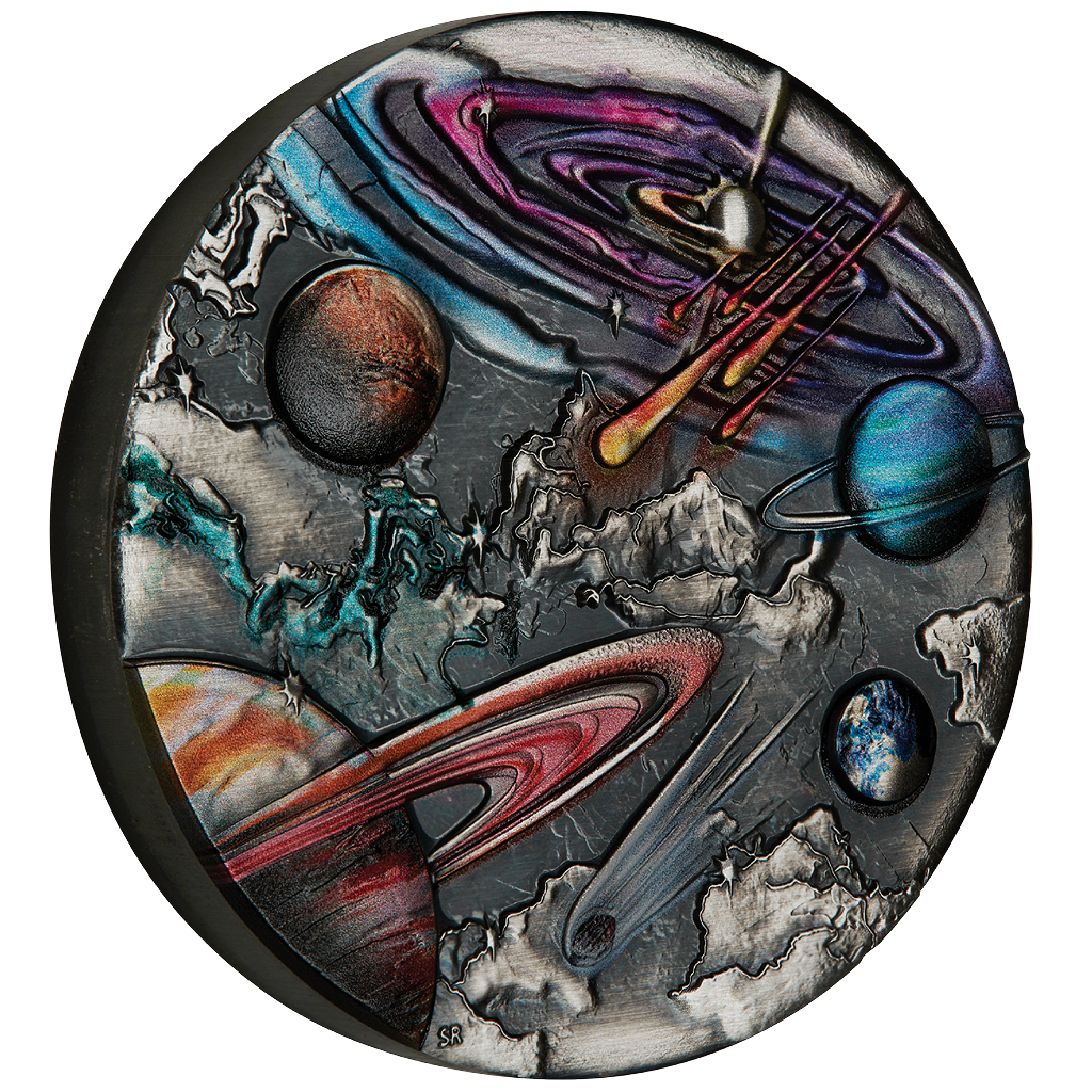 Tuvalu 2024 $5 Starry Sky & Planets 5oz Silver Coloured Antiqued Coin