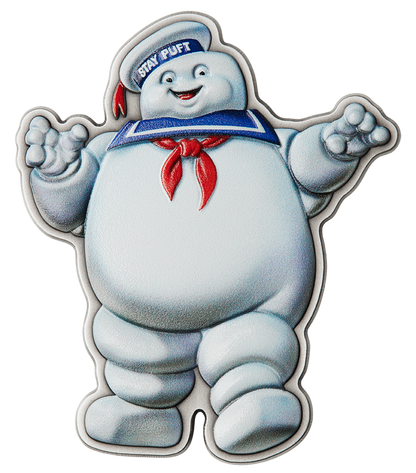 Niue 2024 $5 Ghostbusters Stay Puft Shaped 2oz Silver Coloured Coin with Trap Set