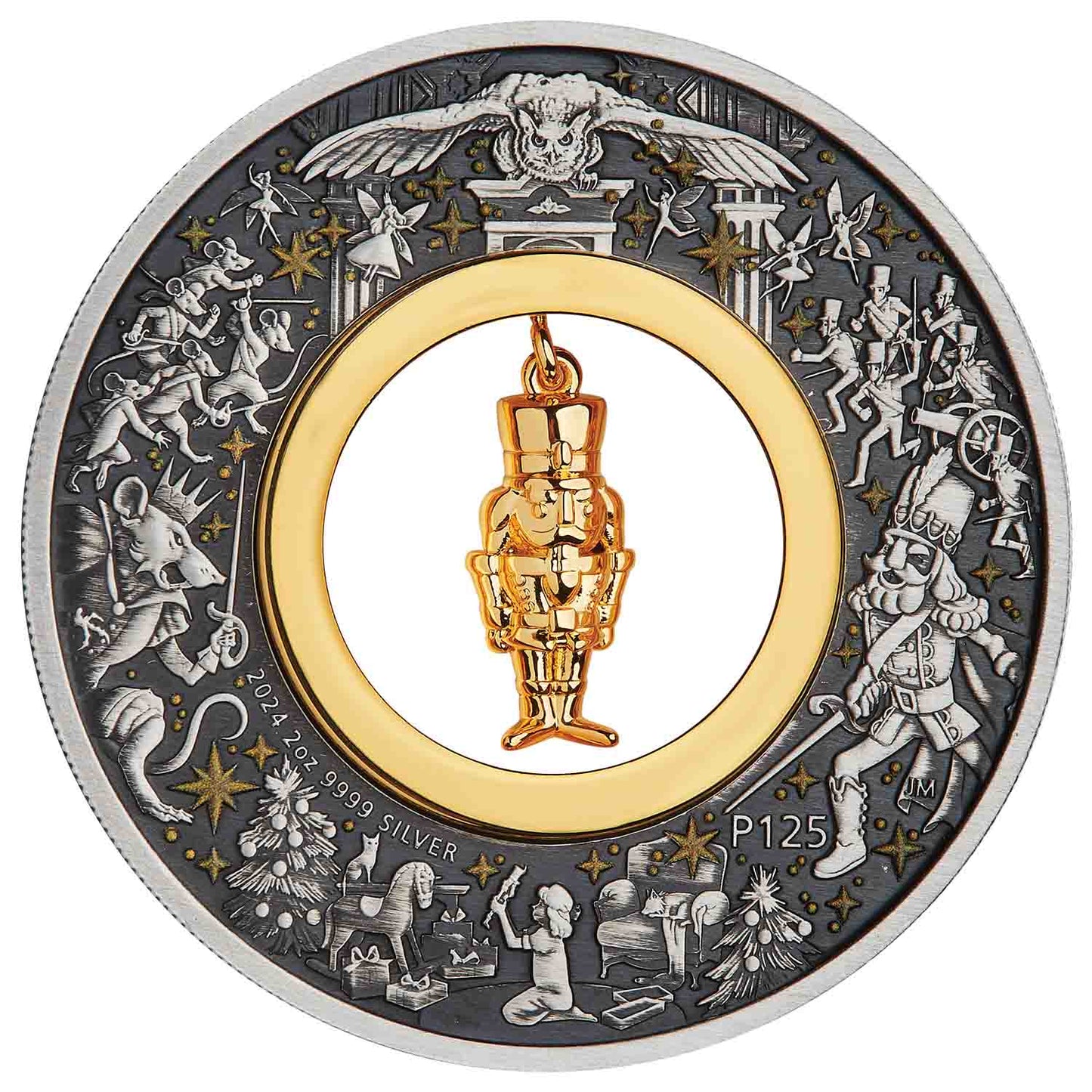 Tuvalu 2024 $2 The Christmas Nutcracker with Gold Plated Charm 2oz Silver Antiqued Coin