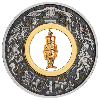 Tuvalu 2024 $2 The Christmas Nutcracker with Gold Plated Charm 2oz Silver Antiqued Coin
