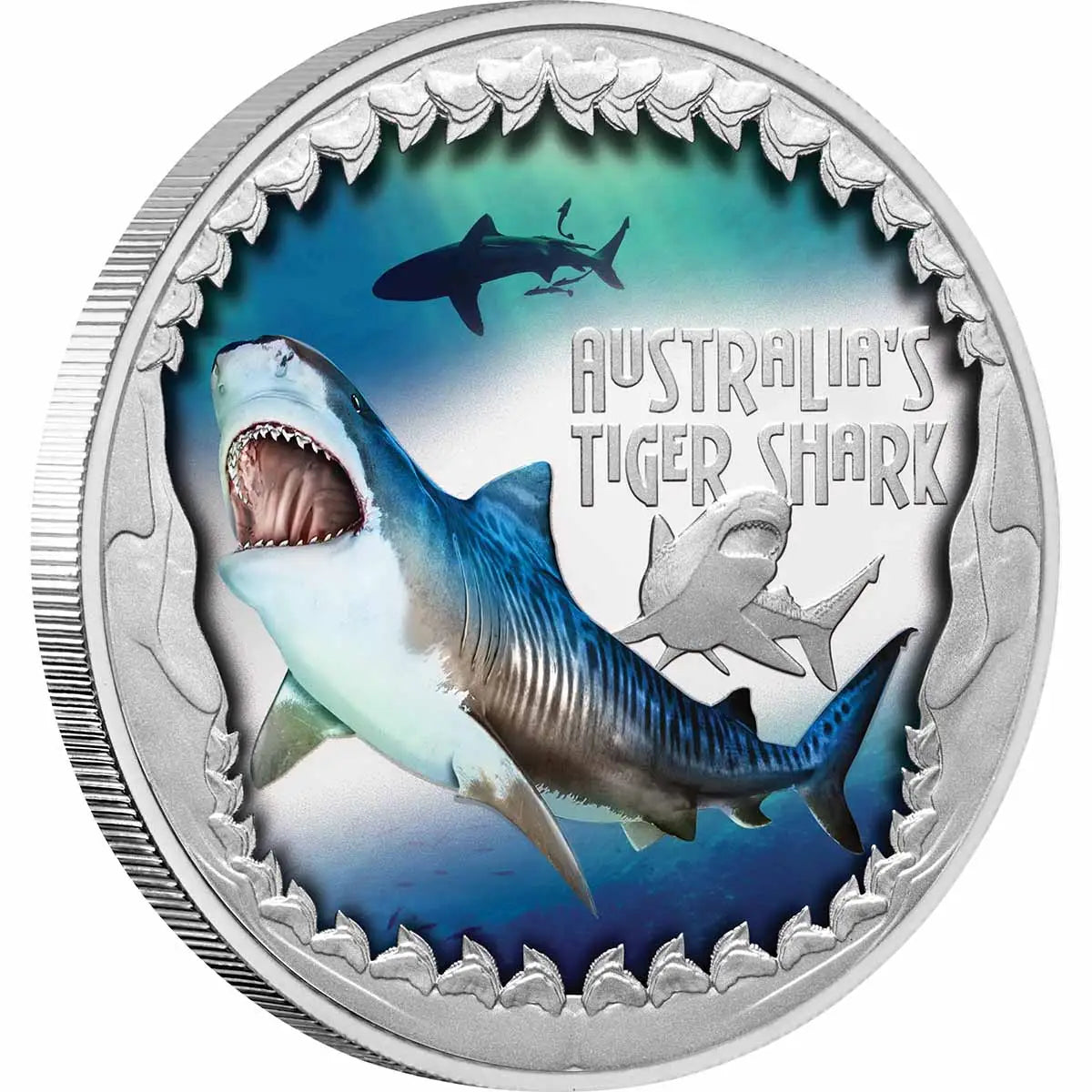 Tuvalu 2023 $1 Deadly and Dangerous Tiger Shark 1oz Silver Coloured Proof Coin