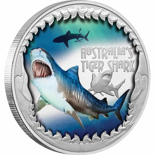 Tuvalu 2023 $1 Deadly and Dangerous Tiger Shark 1oz Silver Coloured Proof Coin