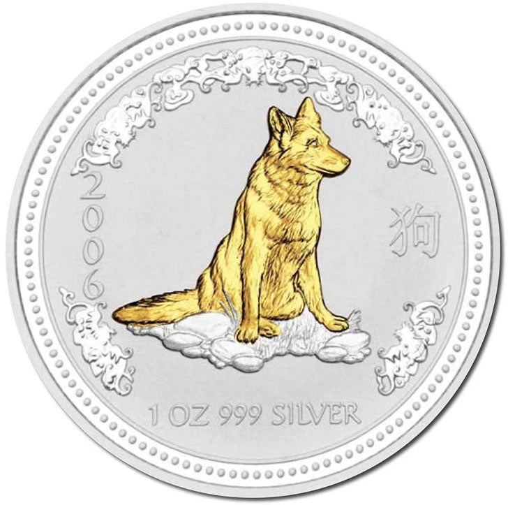 2006 $1 Year of The Dog 1oz Silver Gilded Coin