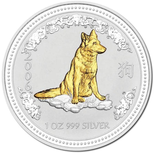 2006 $1 Year of The Dog 1oz Silver Gilded Coin