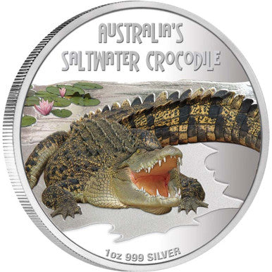 Tuvalu 2009 $1 Deadly and Dangerous Salt Water Crocodile 1oz Silver Coloured Proof Coin