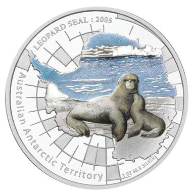 2005 $1 Australian Antarctic Territory Leopard Seal 1oz Silver Coloured Proof Coin