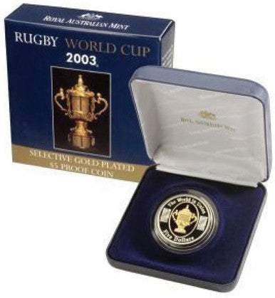 2003 $5 Rugby World Cup Selectively Gold Plated 1oz Silver Proof Coin ...