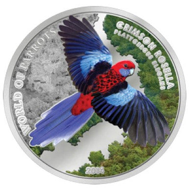 Cook Islands 2014 $5 World of Parrots Crimson Rosella Silver Coloured 3D Coin