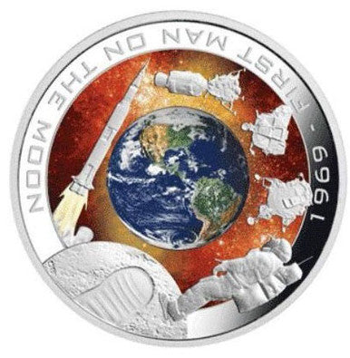 Cook Islands 2009 $1 Orbit and Beyond First Man On The Moon 1oz Silver Coloured Proof Coin