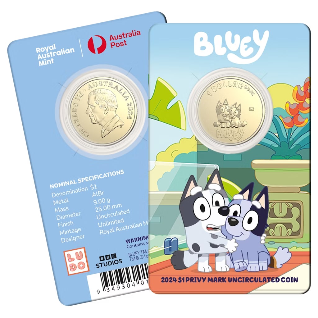 2024 $1 Bluey Muffin and Socks Envelope Privy Mark Uncirculated Coin