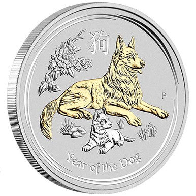 2018 $1 Lunar Year of The Dog 1oz Silver Gilded Coin