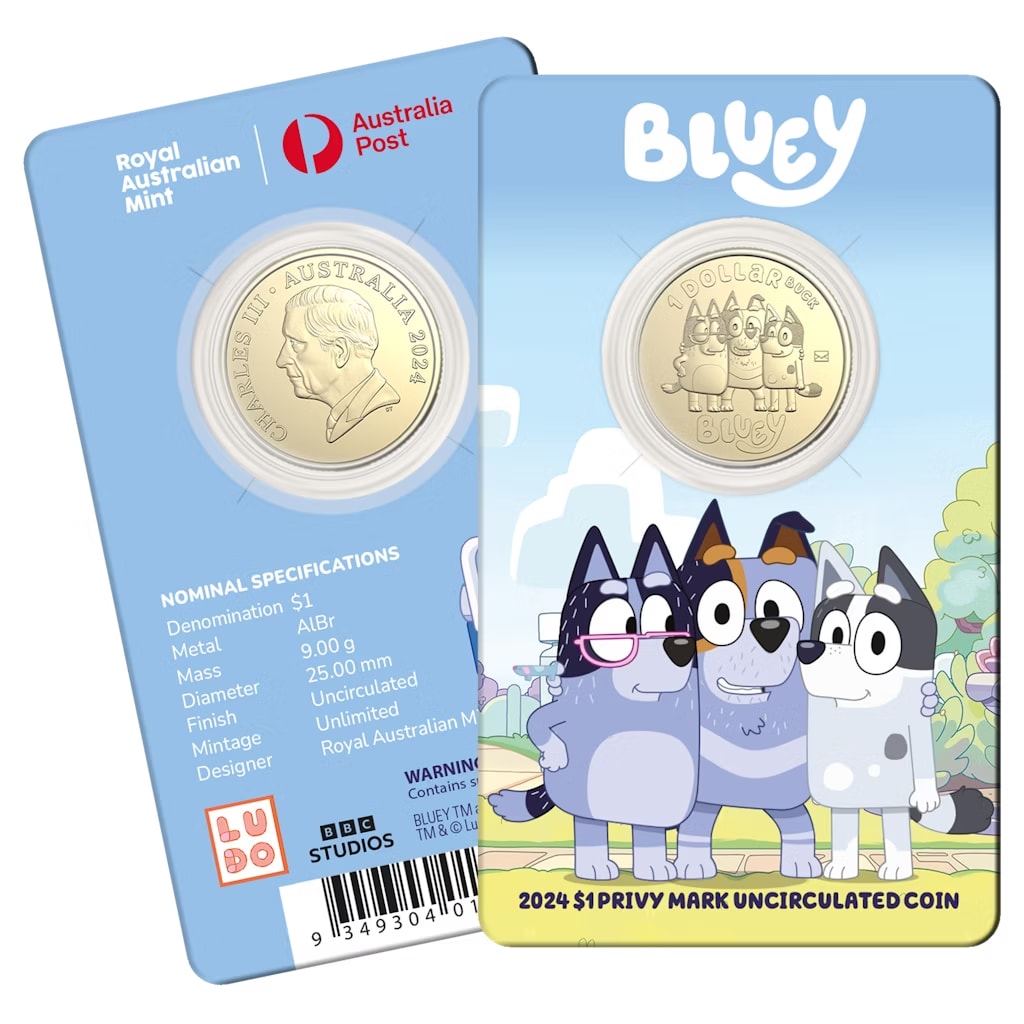 2024 $1 Bluey Uncle Stripes, Aunt Trixie and Nana Envelope Privy Mark Uncirculated Coin