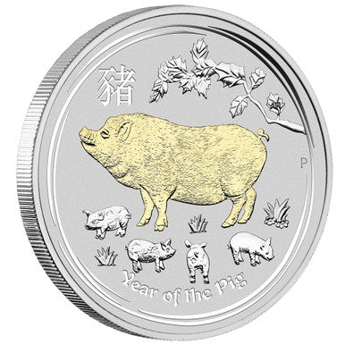 2019 $1 Lunar Year of The Pig 1oz Silver Gilded Coin
