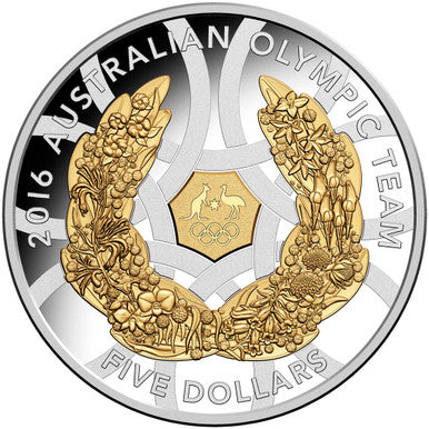 2016 $5 Australian Olympic Team Selectively Gold Plated 1oz Silver Proof Coin