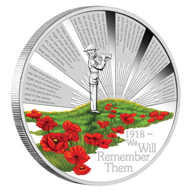 2018 $1 The ANZAC Spirit 100th Anniversary We Will Remember Them 1oz Silver Coloured Proof Coin