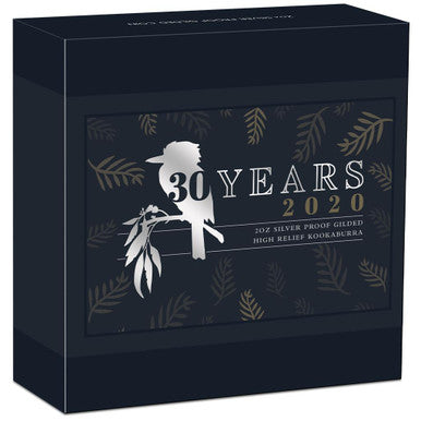 2020 $1 Australian Kookaburra 30 Years 2oz Silver High Relief Gilded Proof Coin